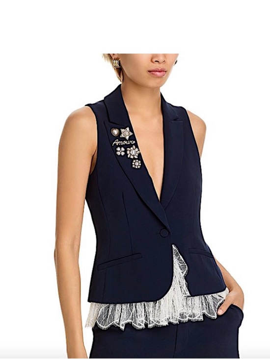 cinq a sept Jackets & Blazers - cinq a sept Navy Sleeveless Blazer Vest with Lace Hem and Brooch Accents